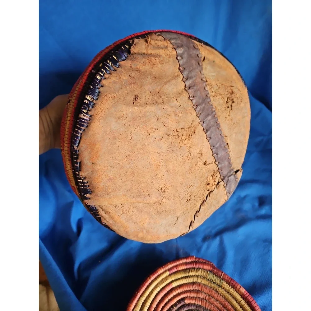 Handwoven Coiled Basket Lidded Storage Rustic Primitive Leather Polychrome 10
